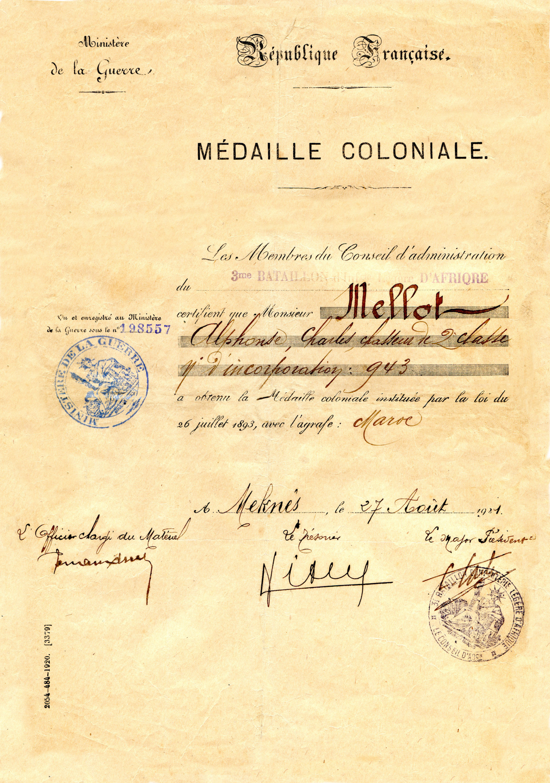 Brevet de médaille coloniale du soldat Alphonse Charles MELLOT