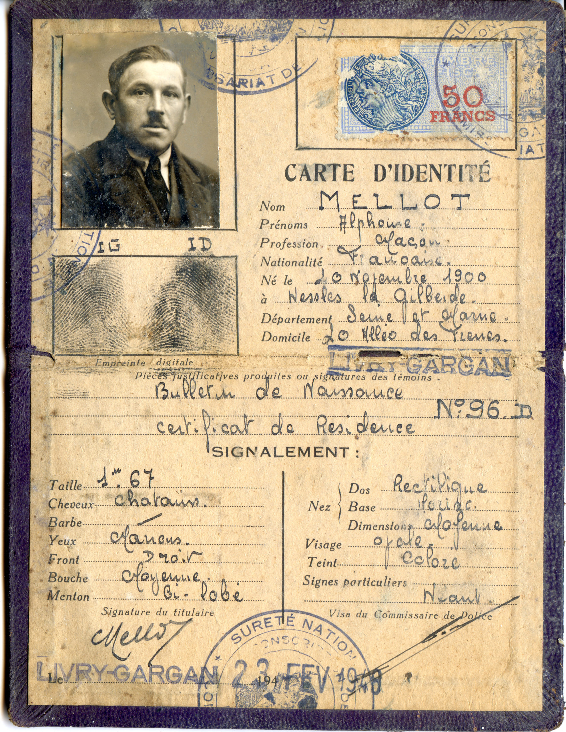 Carte d’identité d’Alphonse Charles MELLOT